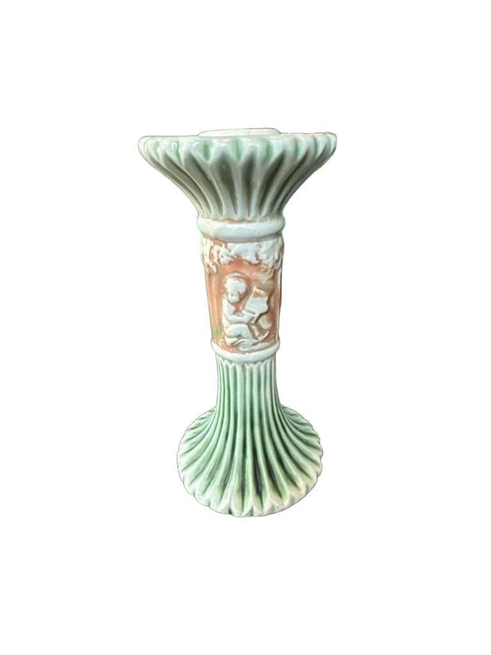 Vintage Roseville Donatello Pattern Cherub Motif Fluted Ceramic Candlestick